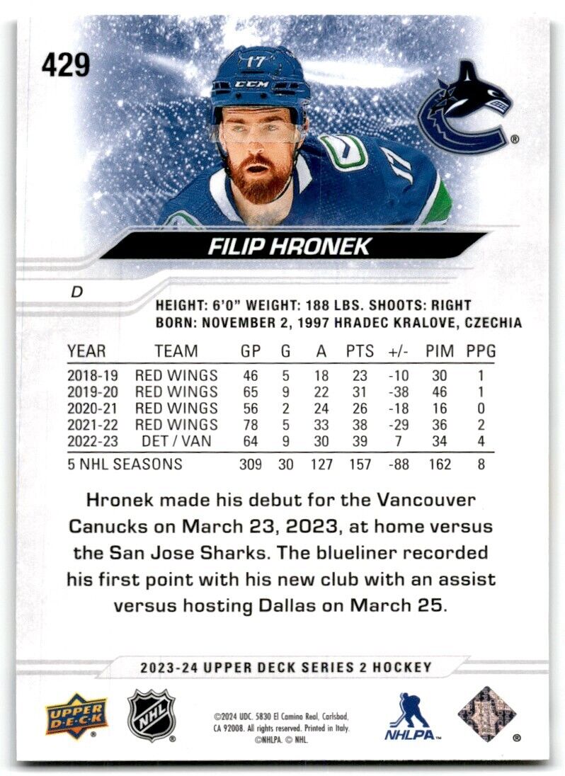 2023-24 Upper Deck Filip Hronek Vancouver Canucks #429