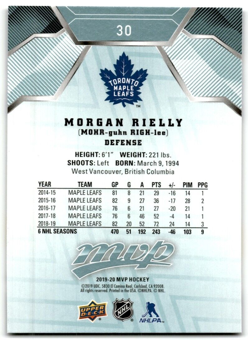 2019-20 Upper Deck MVP Morgan Rielly Toronto Maple Leafs #30