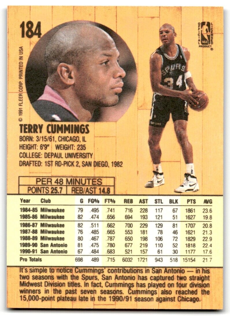 1991-92 Fleer Terry Cummings San Antonio Spurs #184