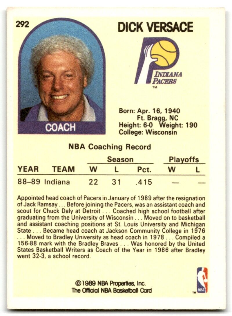 1989-90 Hoops Dick Versace Rookie Indiana Pacers #292