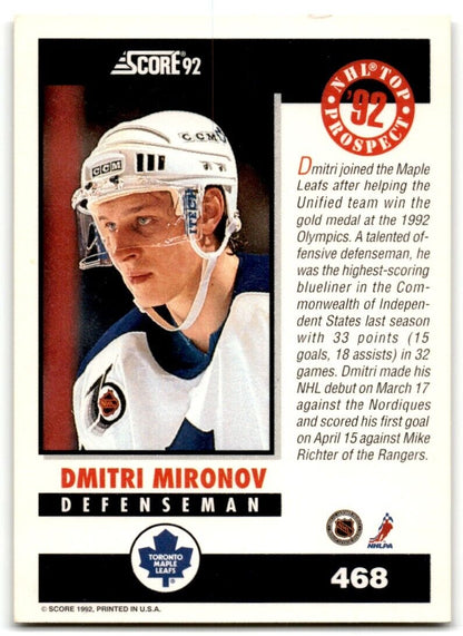 1992-93 Score Dmitri Mironov Toronto Maple Leafs #468