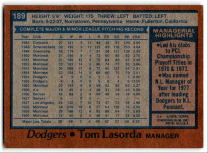 1978 Topps Tom Lasorda Los Angeles Dodgers #189