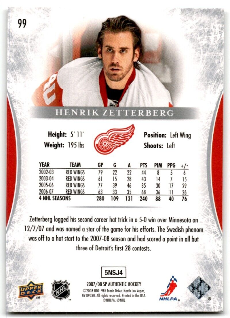 2007-08 SP Authentic Henrik Zetterberg Detroit Red Wings #99