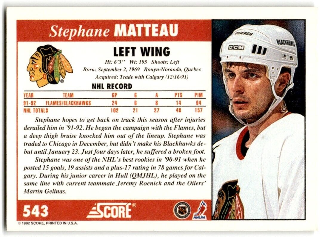 1992-93 Score Stephane Matteau Chicago Blackhawks #543