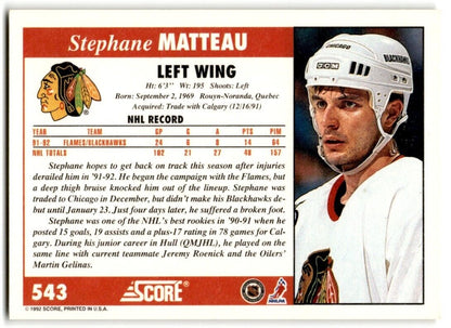 1992-93 Score Stephane Matteau Chicago Blackhawks #543