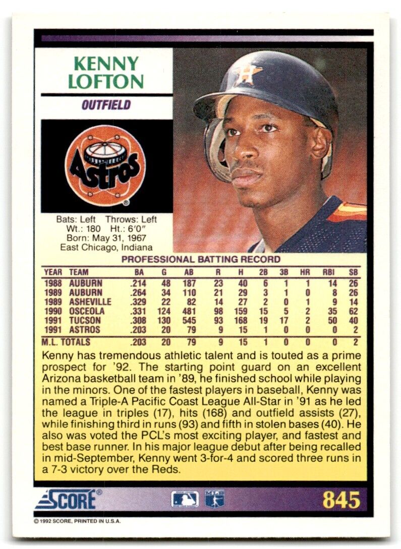 1992 Score Kenny Lofton Houston Astros #845