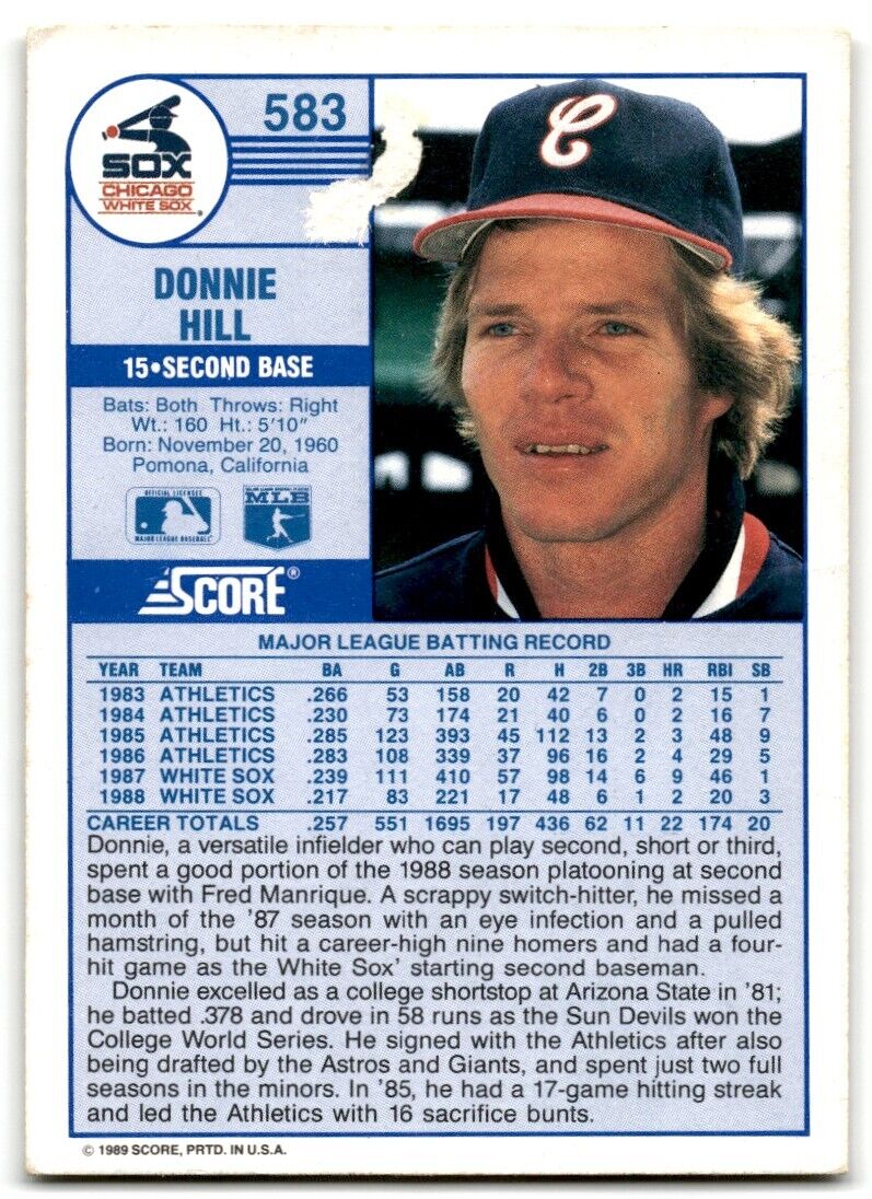 1989 Score Donnie Hill Chicago White Sox #583