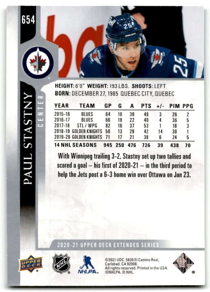 2020-21 Upper Deck Paul Stastny Winnipeg Jets #654