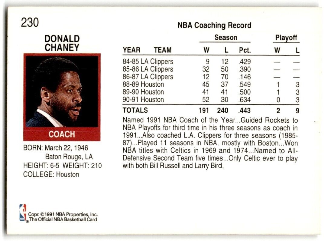 1991-92 Hoops Don Chaney Houston Rockets #230