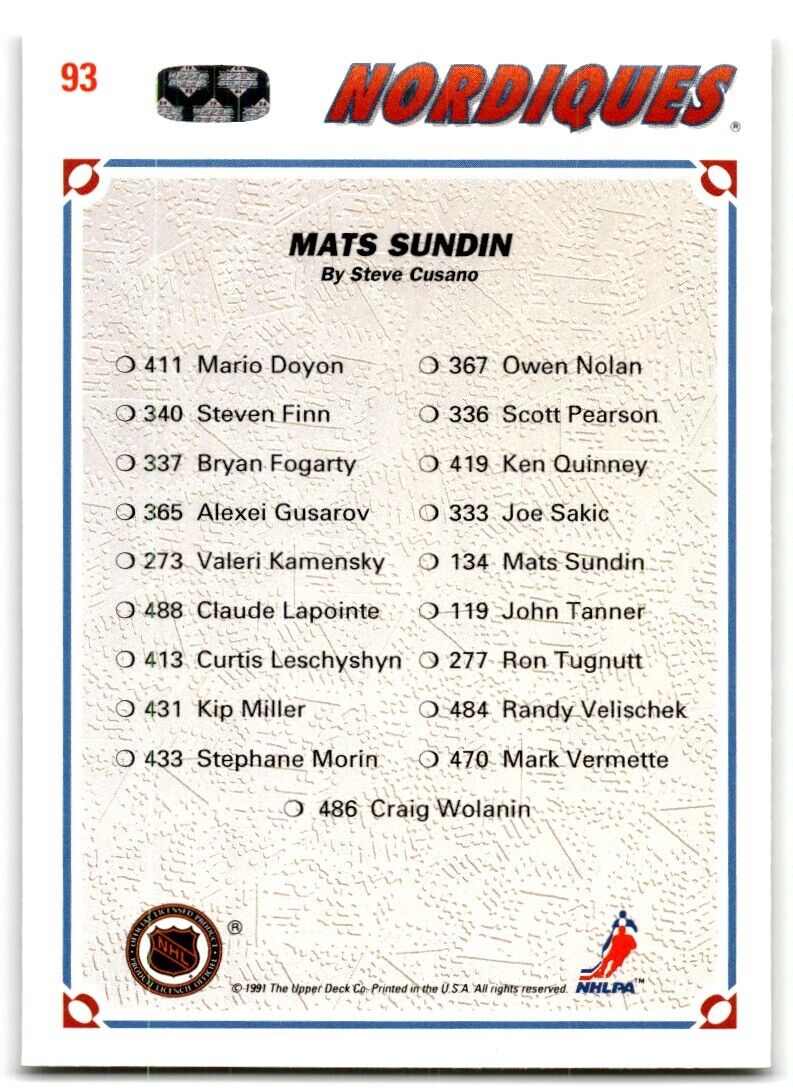 1991-92 Upper Deck Collector's Choice Mats Sundin Quebec Nordiques #93