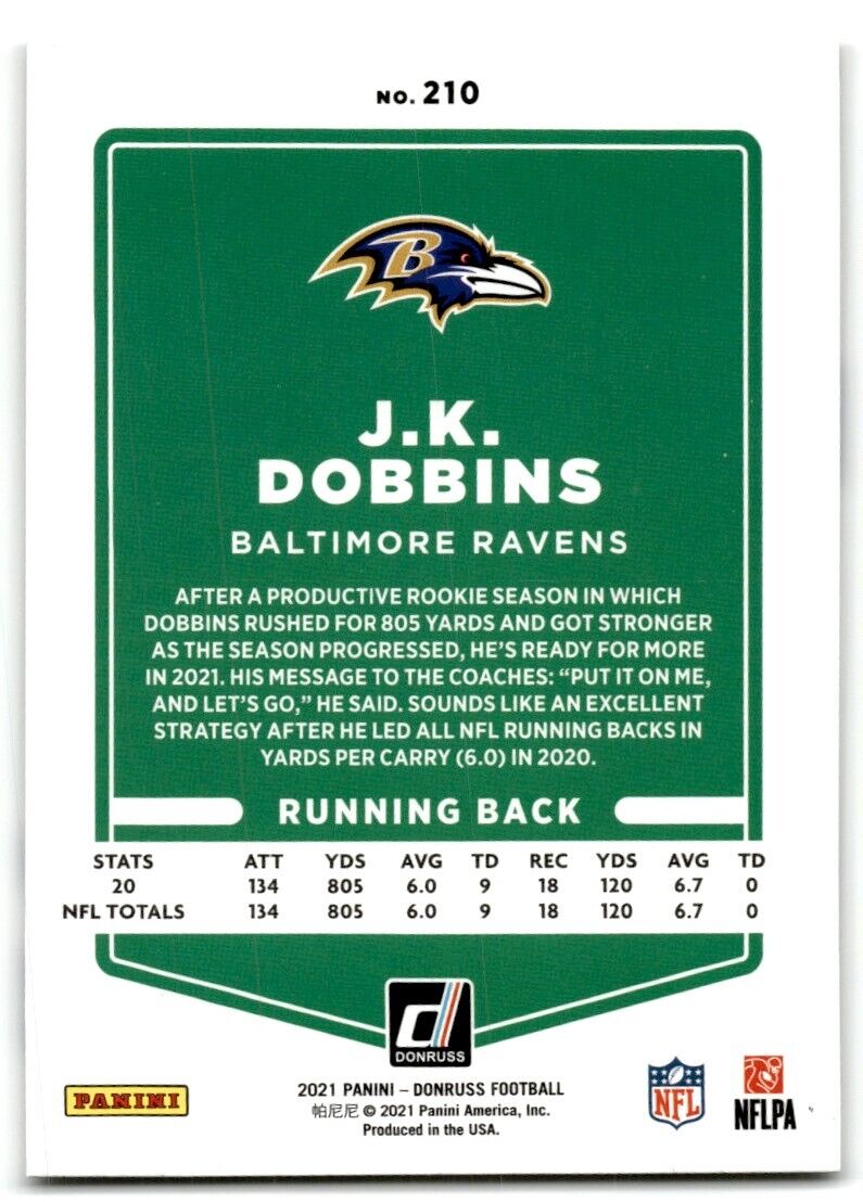 2021 Donruss J.K. Dobbins Baltimore Ravens #210