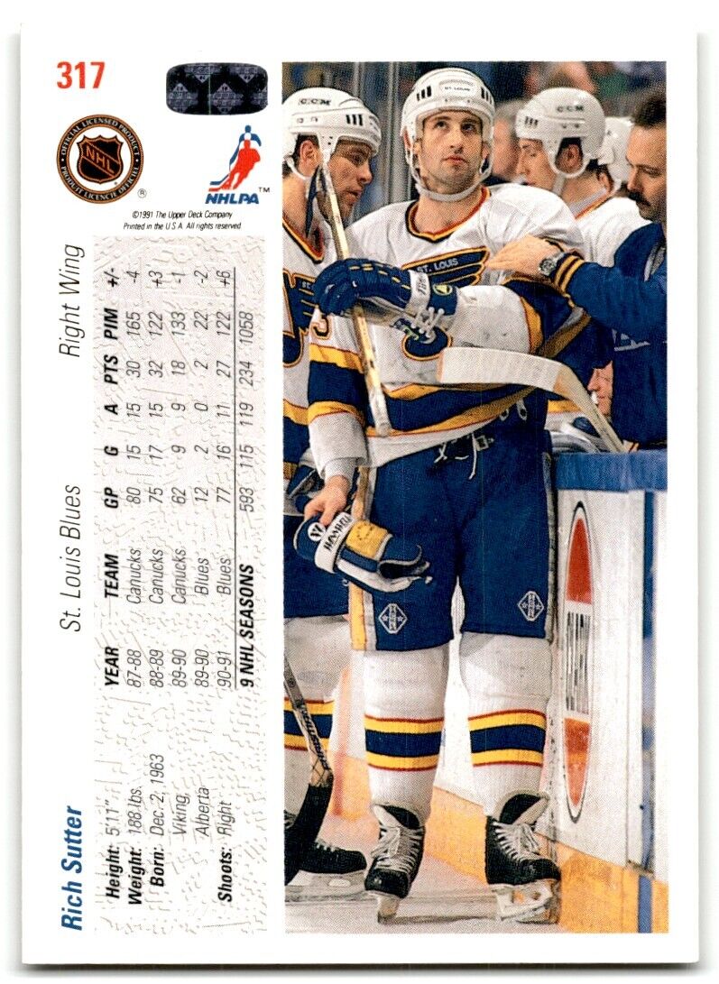 1991-92 Upper Deck Rich Sutter St. Louis Blues #317