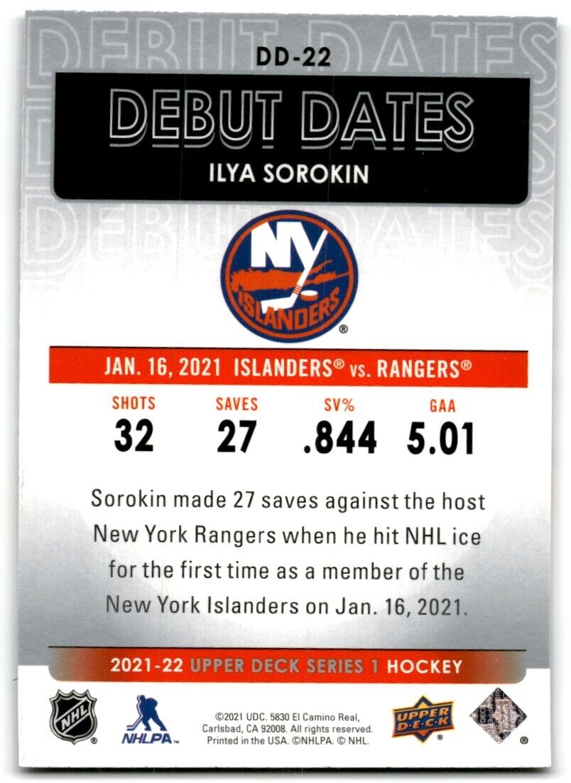 2021-22 Upper Deck Debut Dates Ilya Sorokin New York Islanders #DD-22