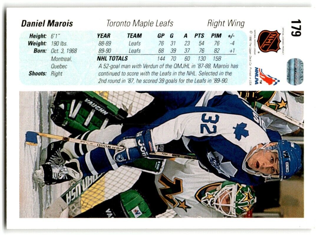 1990-91 Upper Deck Daniel Marois Toronto Maple Leafs #179