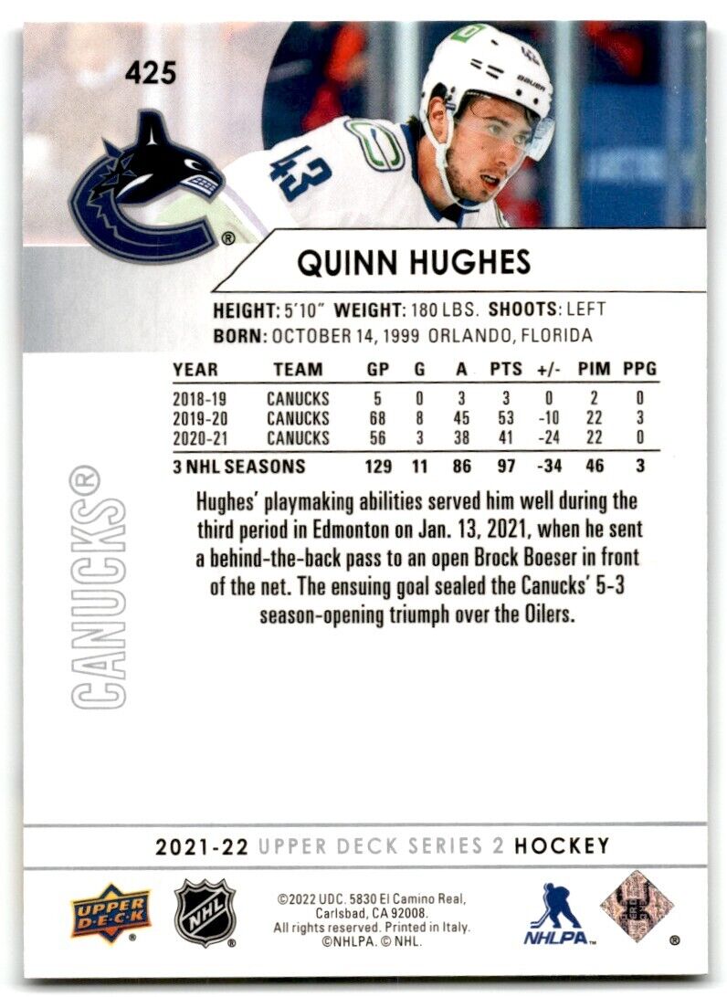 2021-22 Upper Deck Quinn Hughes Vancouver Canucks #425