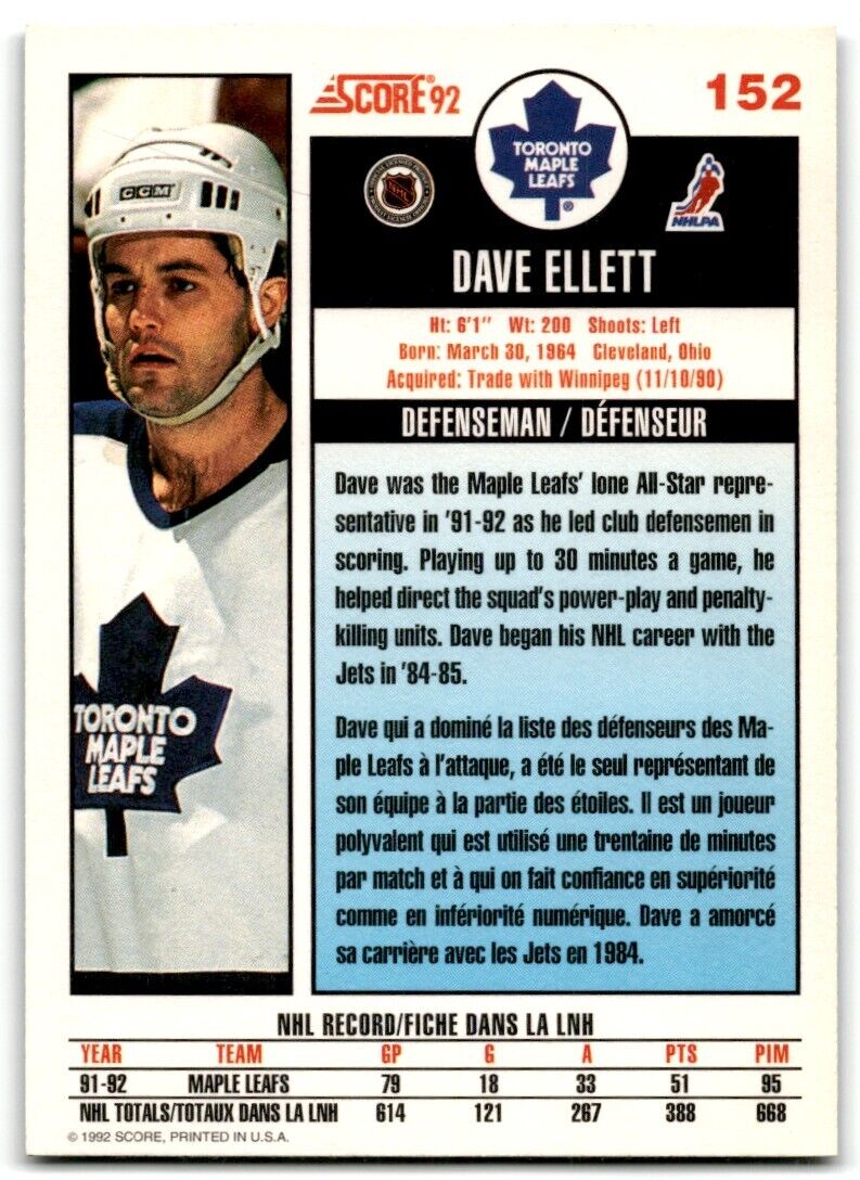 1992-93 Score Dave Ellett Toronto Maple Leafs #152