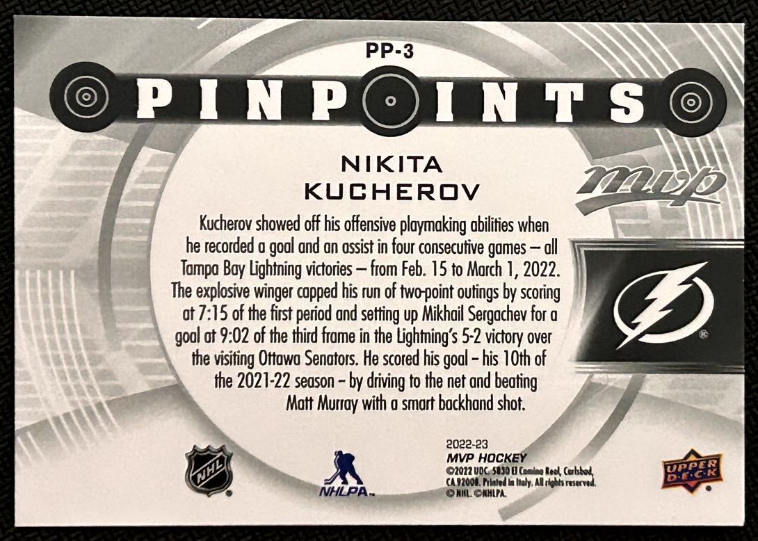 2022-23 Upper Deck MVP Pinpoints Nikita Kucherov Tampa Bay Lightning #PP-3