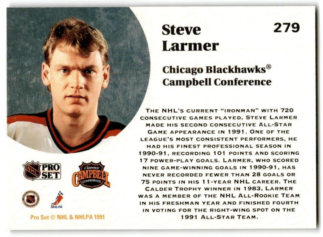 1991-92 Pro Set Steve Larmer Chicago Blackhawks #279