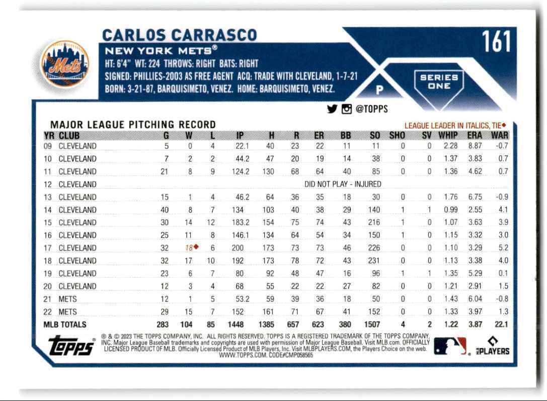 2023 Topps Carlos Carrasco New York Mets #161