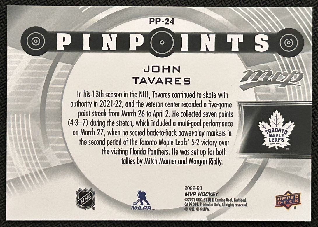 2022-23 Upper Deck MVP Pinpoints John Tavares Toronto Maple Leafs #PP-24