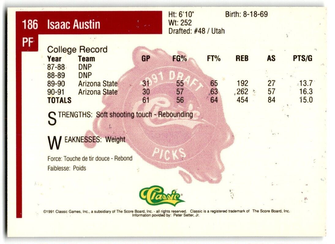 1991-92 Classic Isaac Austin Rookie Arizona State Sun Devils #186