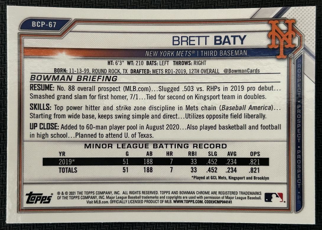 2021 Bowman Chrome Prospects Brett Baty New York Mets #BCP-67