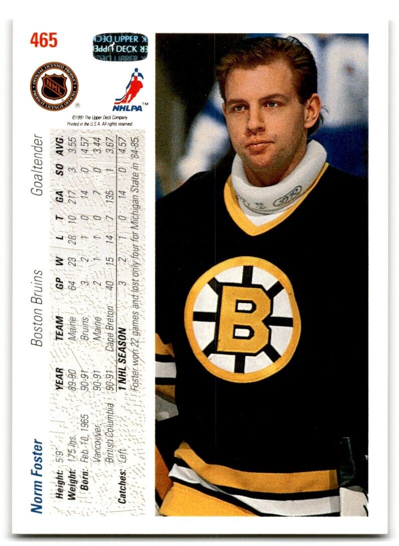 1991-92 Upper Deck Norm Foster Rookie Boston Bruins #465