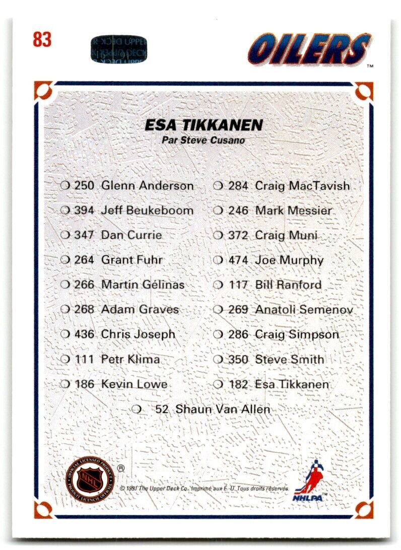 1991-92 Upper Deck Collector's choice Esa Tikkanen Edmonton Oilers #83