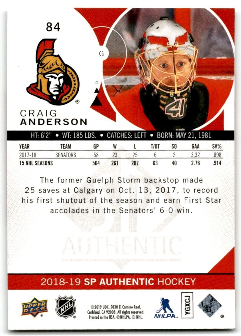 2018-19 SP Authentic Craig Anderson Ottawa Senators #84