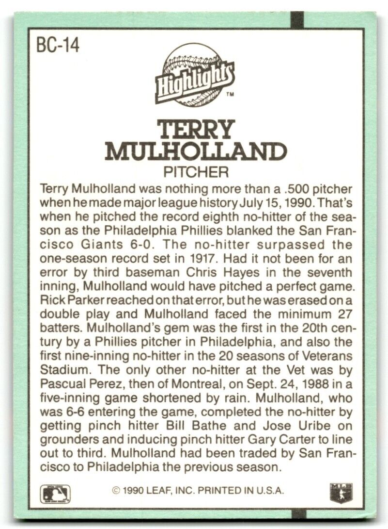 1991 Donruss Bonus Cards Terry Mulholland Philadelphia Phillies #BC-14