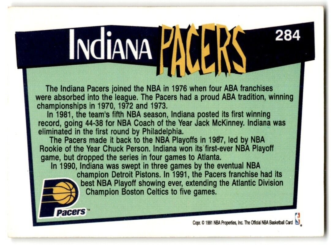 1991-92 Hoops Indiana Pacers Indiana Pacers #284