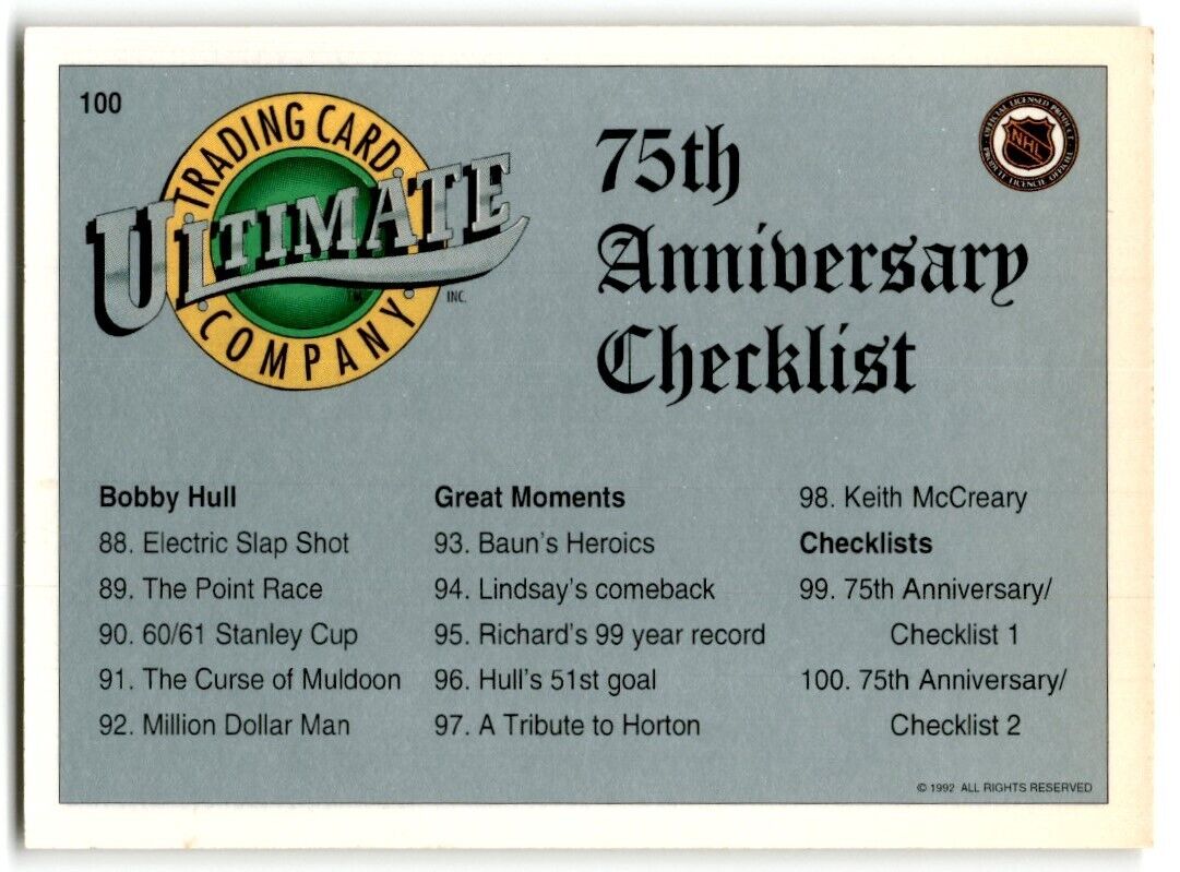 1991-92 Ultimate Original 6 75th Anniversary Checklist 2 #100