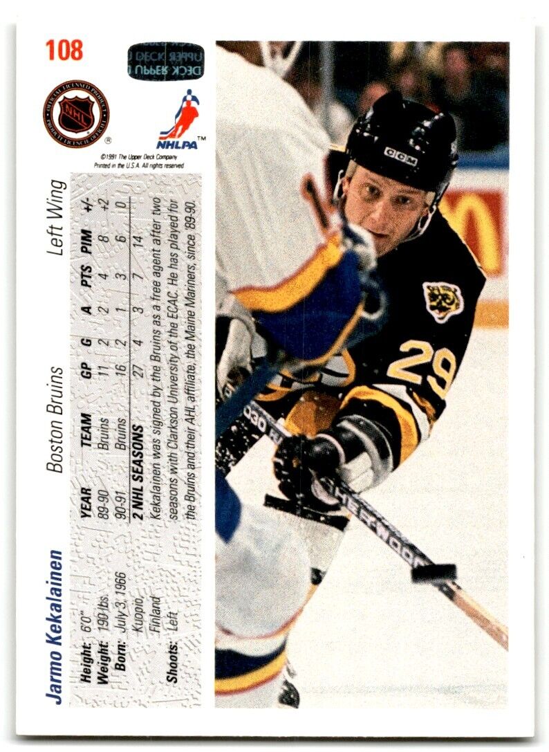 1991-92 Upper Deck Jarmo Kekalainen Rookie Boston Bruins #108