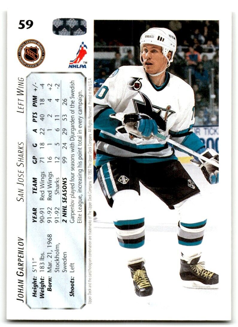 1992-93 Upper Deck Johan Garpenlov San Jose Sharks #59