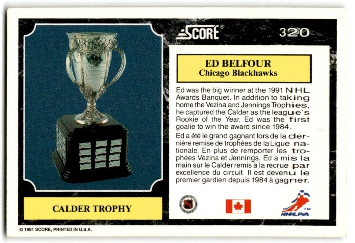 1991-92 Score Canadian Bilingual Ed Belfour (Calder Trophy) Chicago Blackhawks