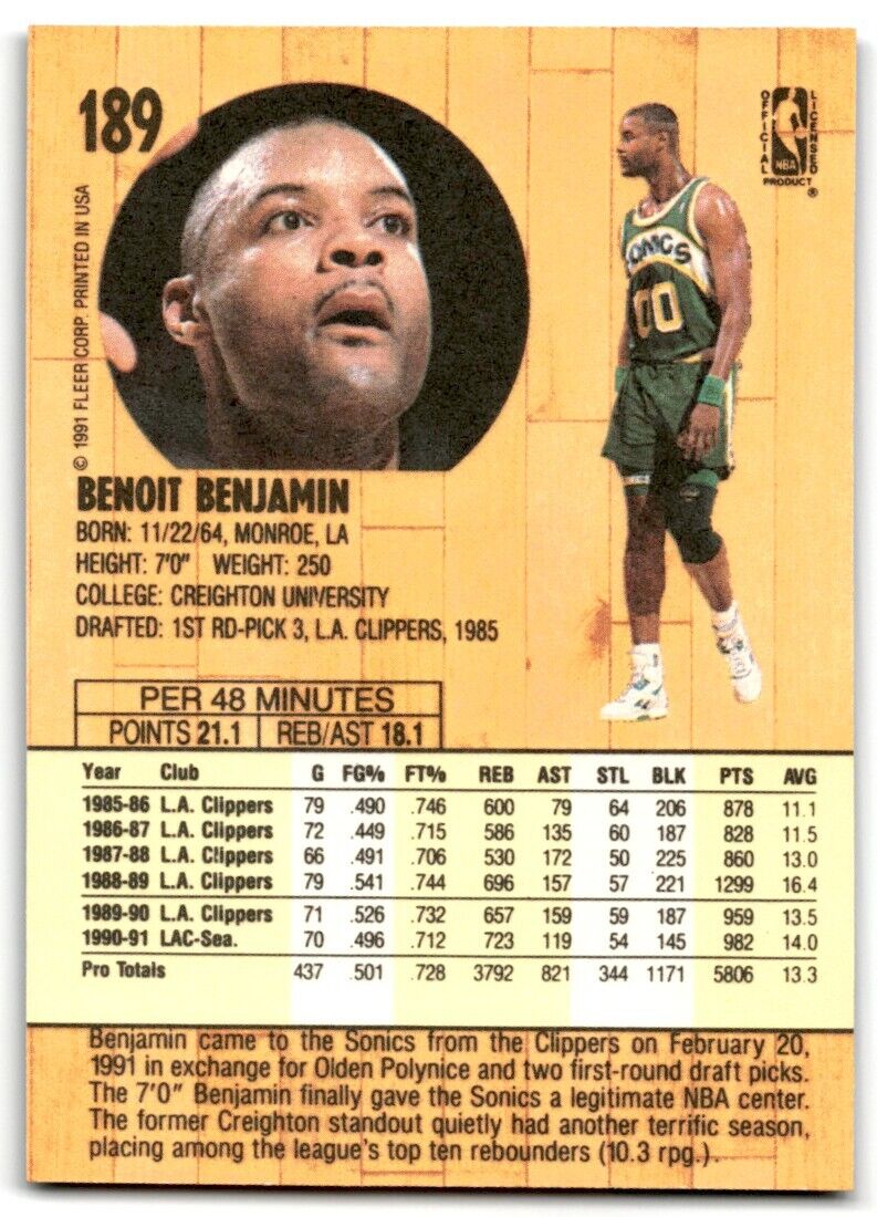 1991-92 Fleer Benoit Benjamin Seattle SuperSonics #189