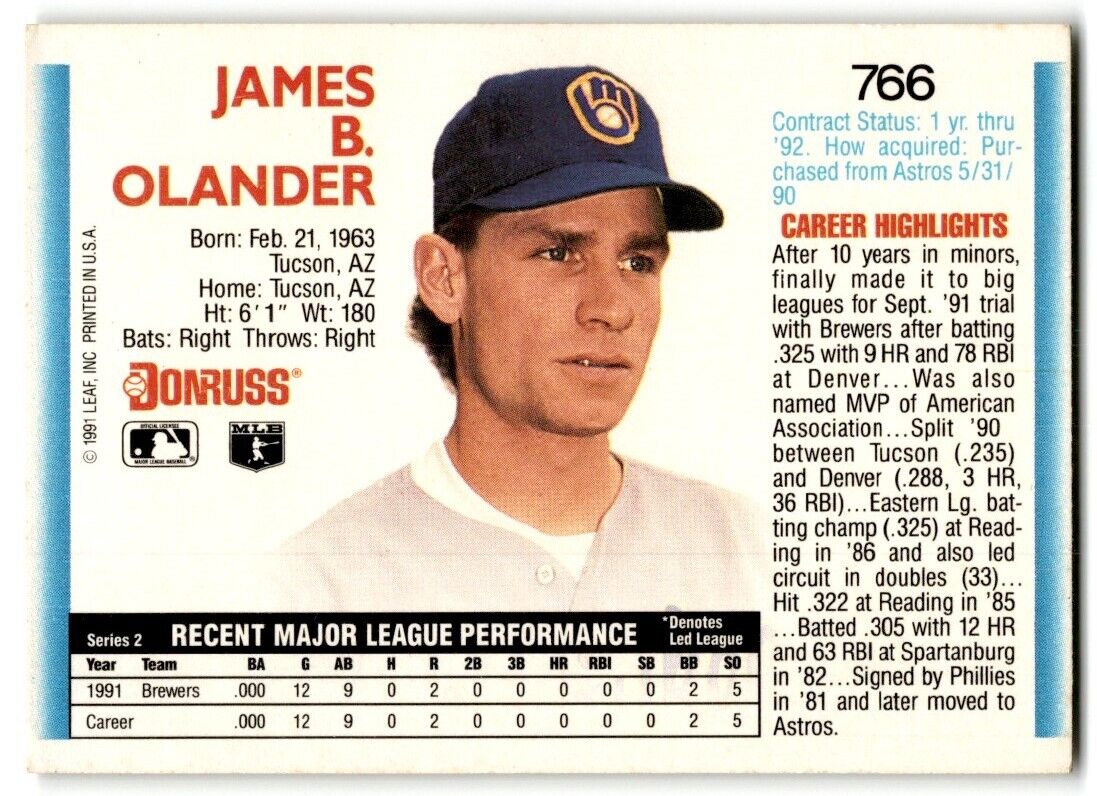 1992 Donruss Jim Olander Milwaukee Brewers #766