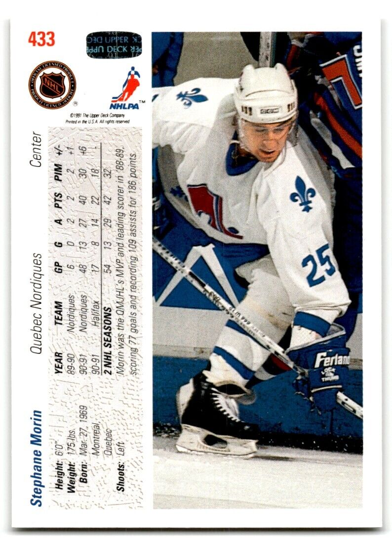 1991-92 Upper Deck Stephane Morin Quebec Nordiques #433