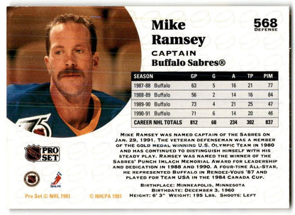 1991-92 Pro Set Mike Ramsey Buffalo Sabres #568