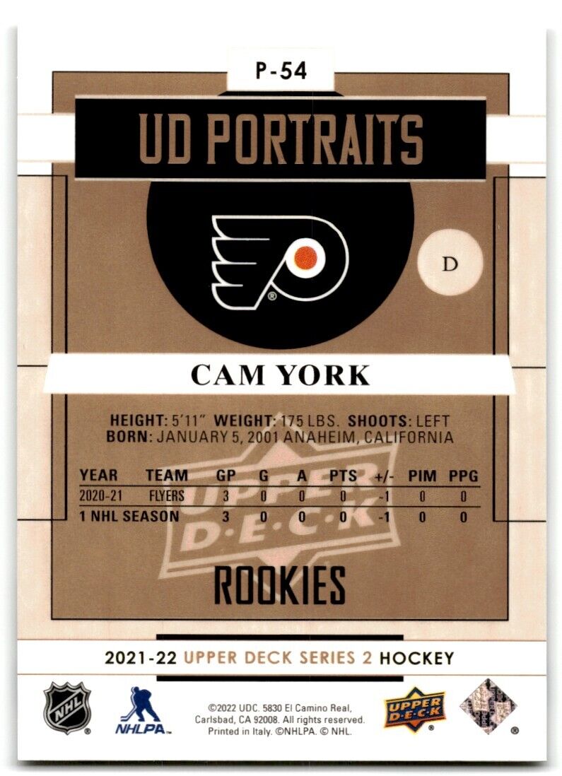 2021-22 Upper Deck UD Portraits Cam York Rookie Philadelphia Flyers #P-54