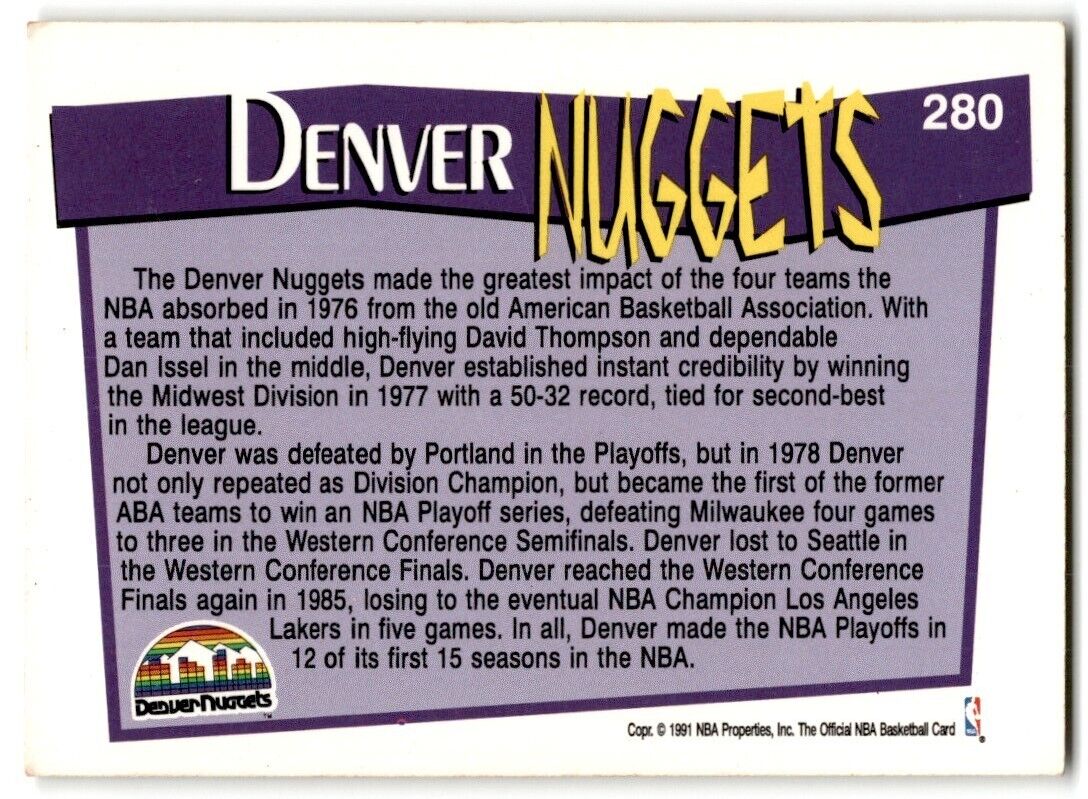 1991-92 Hoops Denver Nuggets Denver Nuggets #280