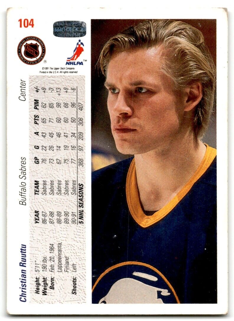 1991-92 Upper Deck Christian Ruuttu Buffalo Sabres #104