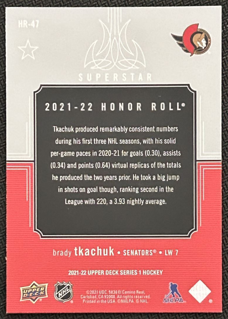 2021-22 Upper Deck Honor Roll Brady Tkachuk Ottawa Senators #HR-47