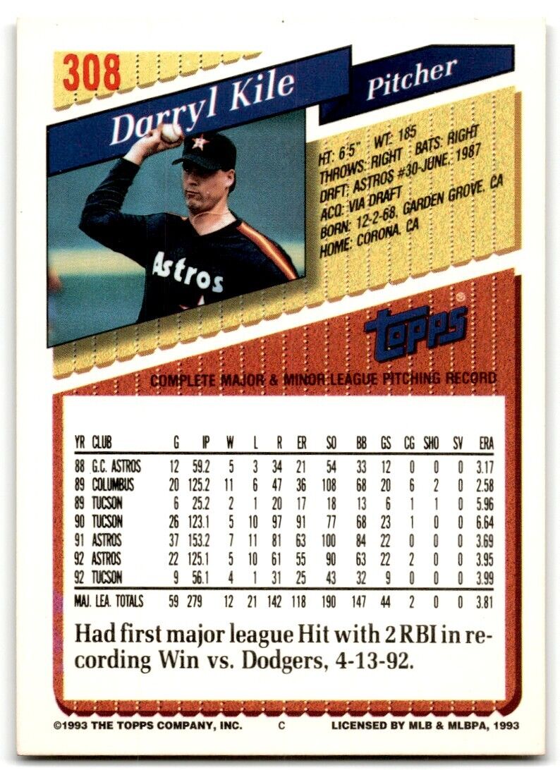 1993 Topps Inaugural Marlins Darryl Kile Houston Astros #308