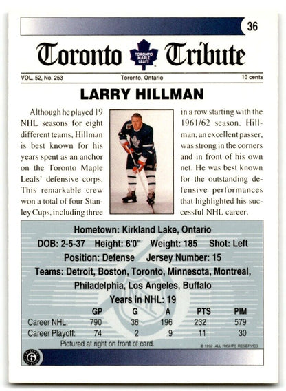 1991-92 Ultimate Original 6 Larry Hillman Toronto Maple Leafs #36