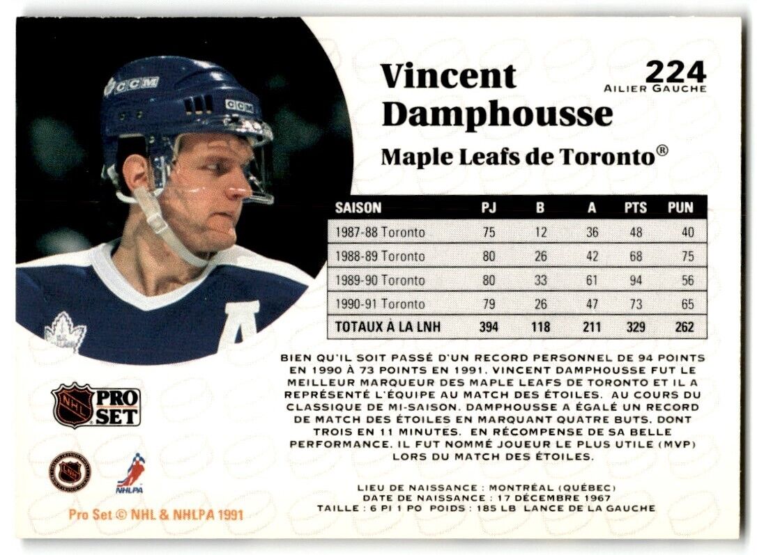 1991-92 Pro Set Vincent Damphousse Toronto Maple Leafs #224