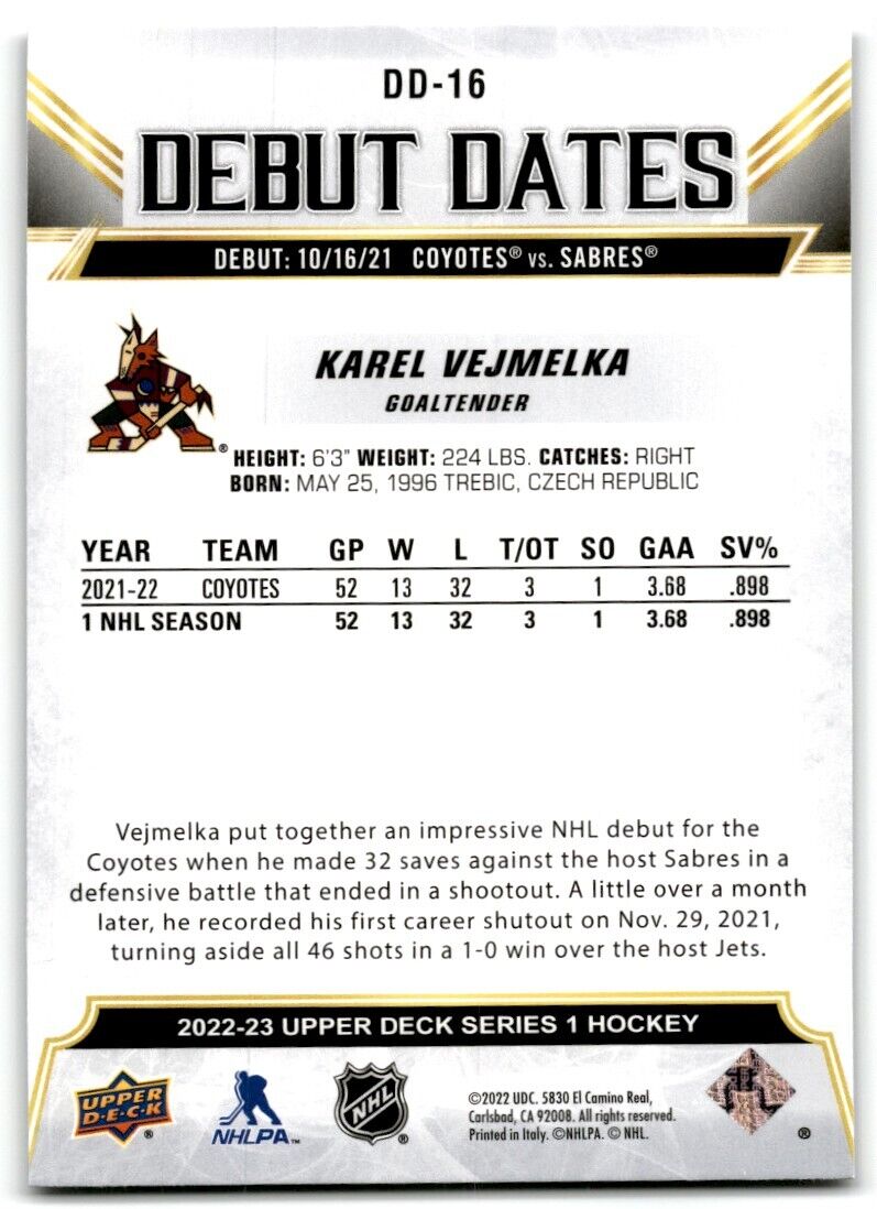 2022-23 Upper Deck Debut Dates Karel Vejmelka Arizona Coyotes #DD-16