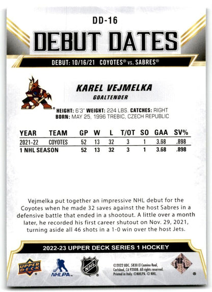 2022-23 Upper Deck Debut Dates Karel Vejmelka Arizona Coyotes #DD-16