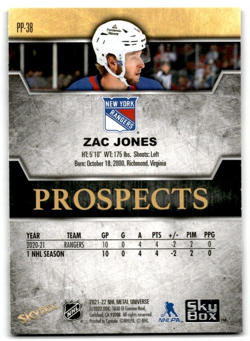 2021-22 Skybox Metal Universe Premium Prospects Zac Jones Rookie New York