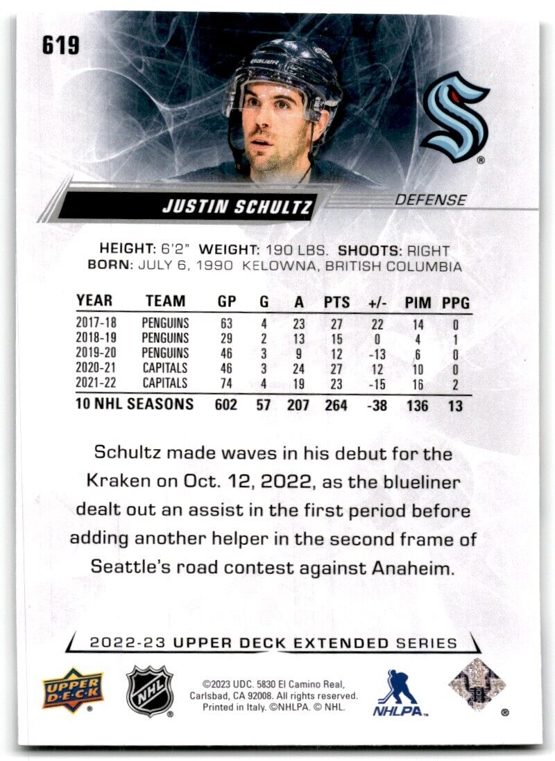 2022-23 Upper Deck Justin Schultz Seattle Kraken #619